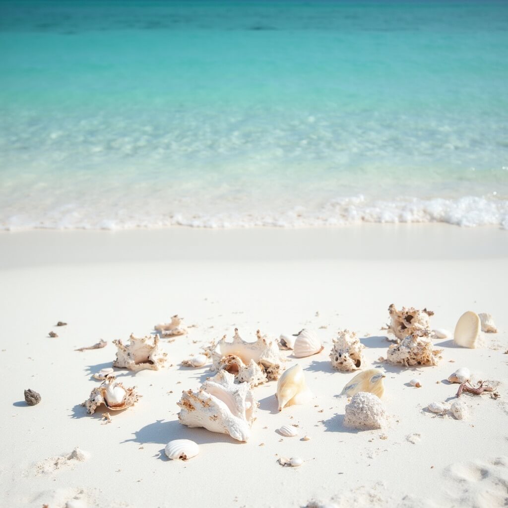 Early morning view of Shell Island with pristine white sand, unique seashells, crystal clear turquoise water, driftwood and smooth sand texture, devoid of human presence