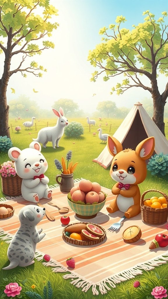 50 Adorable Cute Wallpaper Ideas to Transform Your Space A cute picnic scene with animal friends enjoying fruits and pastries in a sunny park.
