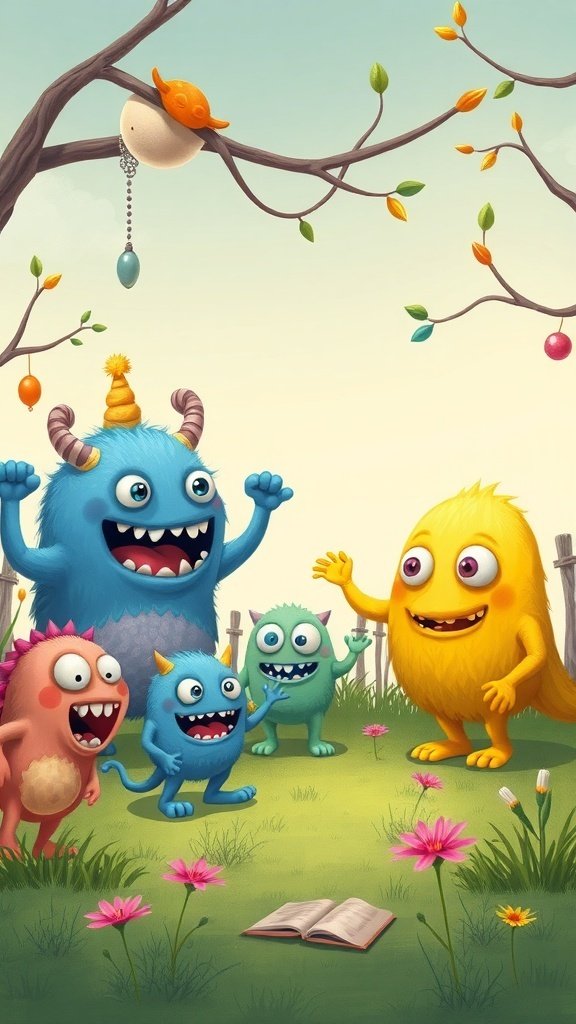 50 Adorable Cute Wallpaper Ideas to Transform Your Space A group of colorful, cute monsters celebrating in a sunny field with flowers.