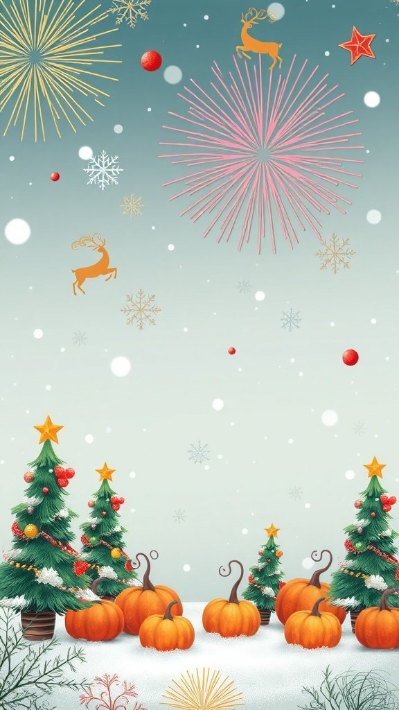 50 Adorable Cute Wallpaper Ideas to Transform Your Space A festive winter scene with Christmas trees, pumpkins, snowflakes, and fireworks.