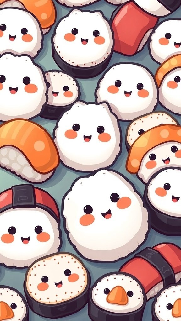50 Adorable Cute Wallpaper Ideas to Transform Your Space A colorful pattern of cute sushi characters with smiling faces, perfect for kawaii-themed wallpaper.