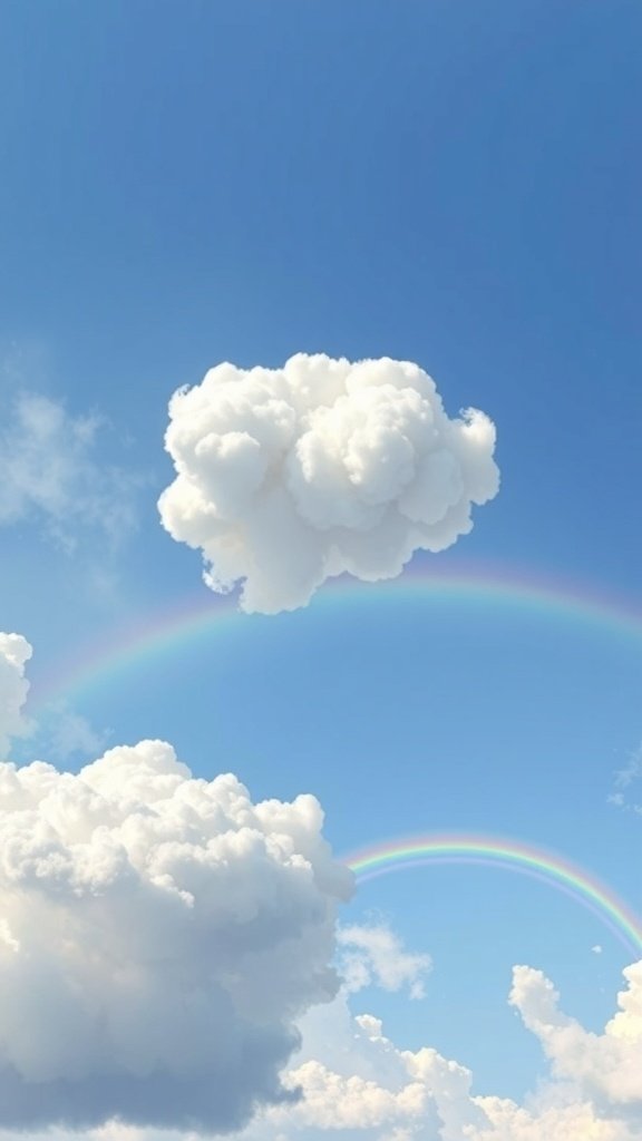 50 Adorable Cute Wallpaper Ideas to Transform Your Space A bright blue sky with fluffy white clouds and rainbows.