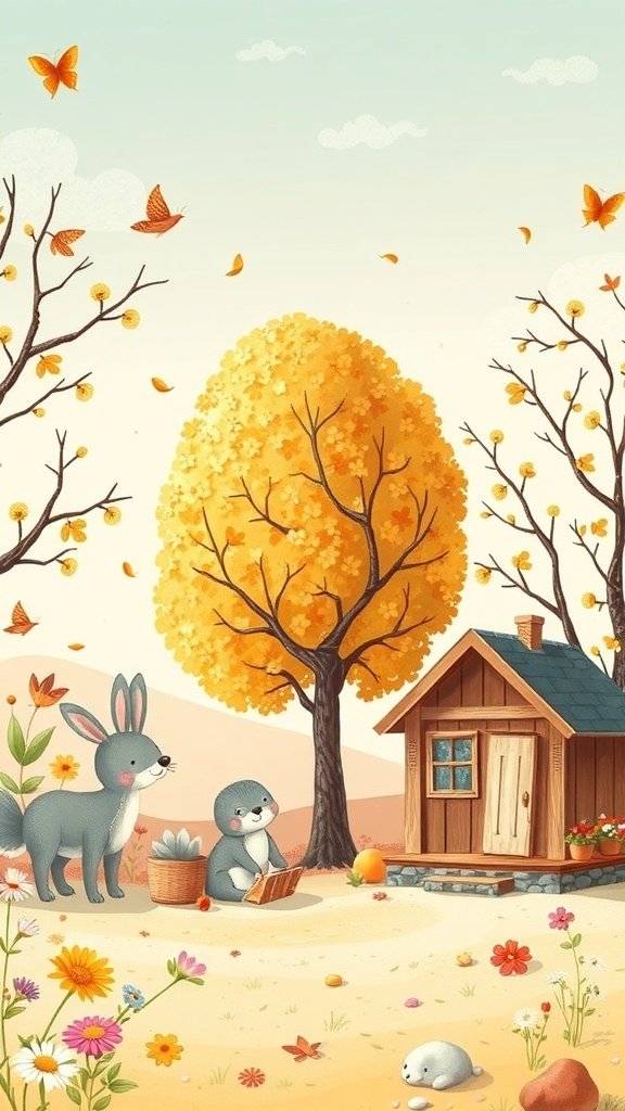 50 Adorable Cute Wallpaper Ideas to Transform Your Space A charming autumn scene with a fluffy yellow tree, butterflies, a rabbit, a seal, and a cozy wooden house.
