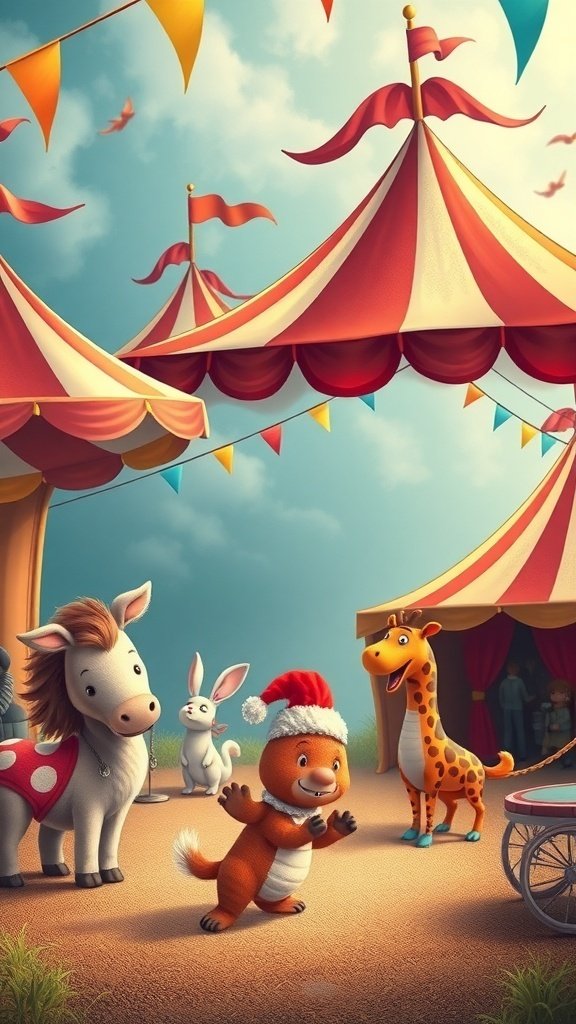 50 Adorable Cute Wallpaper Ideas to Transform Your Space A cute circus scene featuring a bear in a Santa hat, a horse, a rabbit, and a giraffe, with colorful tents and flags.