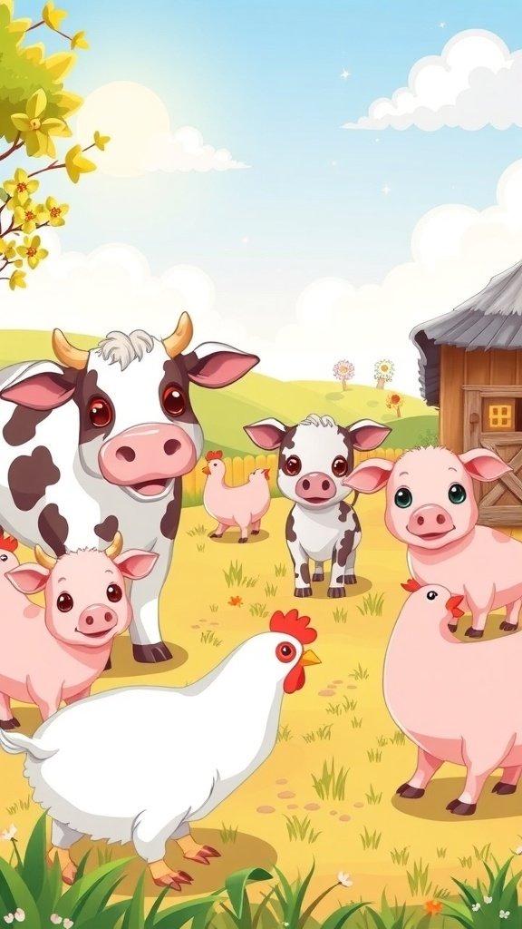 50 Adorable Cute Wallpaper Ideas to Transform Your Space A colorful illustration of friendly farm animals including cows, pigs, and a chicken on a sunny farm.