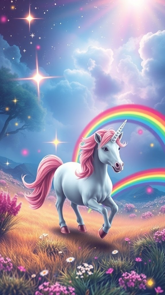 50 Adorable Cute Wallpaper Ideas to Transform Your Space A fantasy scene featuring a unicorn with a pink mane, a rainbow, and a colorful sky.