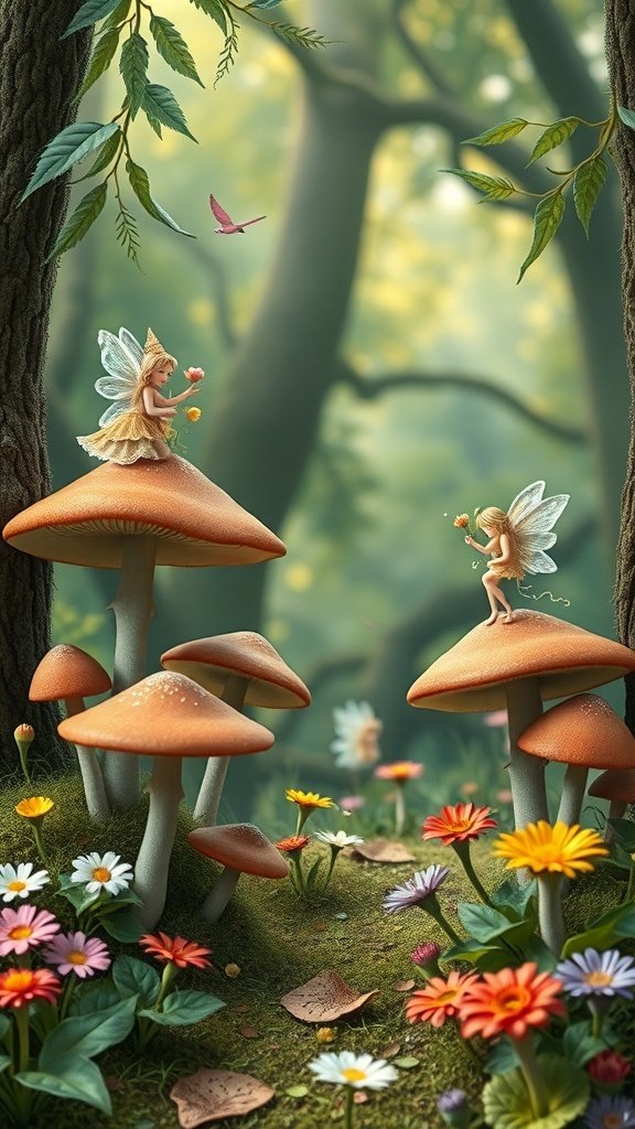 50 Adorable Cute Wallpaper Ideas to Transform Your Space Cute forest fairies dancing among colorful flowers and mushrooms in a magical forest.
