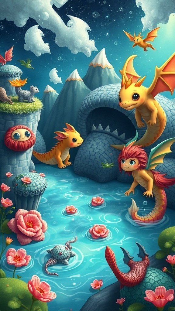 50 Adorable Cute Wallpaper Ideas to Transform Your Space A colorful illustration of cute mythical creatures, including dragons and sea creatures, surrounded by flowers and mountains.