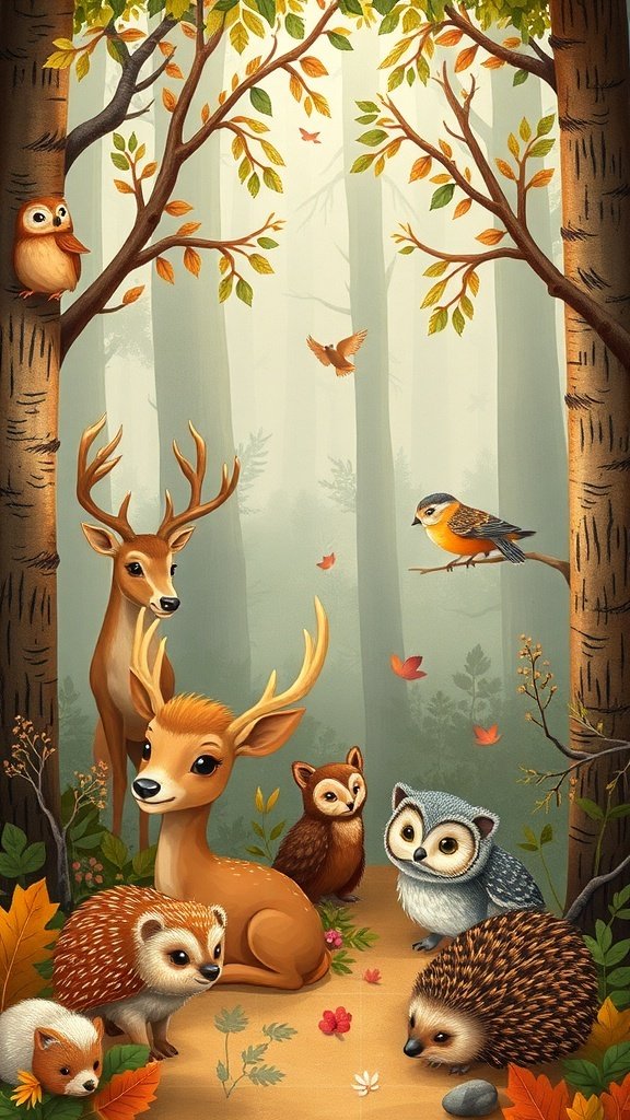50 Adorable Cute Wallpaper Ideas to Transform Your Space Cute wallpaper featuring woodland creatures like a deer, owl, and hedgehog in a forest setting.
