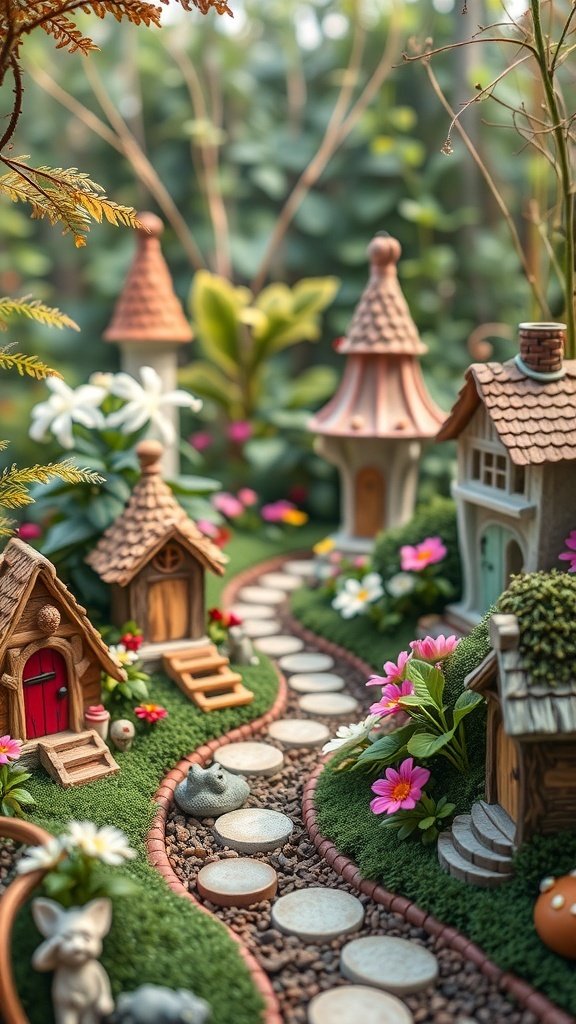 50 Adorable Cute Wallpaper Ideas to Transform Your Space A whimsical fairy garden with tiny houses, flowers, and a winding path.