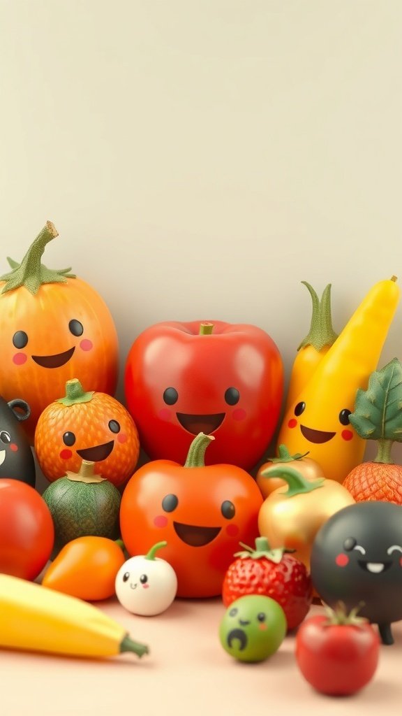 50 Adorable Cute Wallpaper Ideas to Transform Your Space A collection of cute food characters with smiling faces, featuring colorful fruits and vegetables.