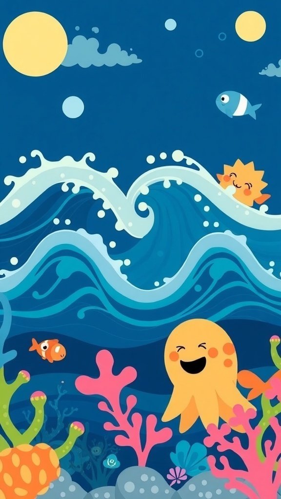 50 Adorable Cute Wallpaper Ideas to Transform Your Space A cute underwater scene with waves, a smiling octopus, colorful coral, and cheerful fish.