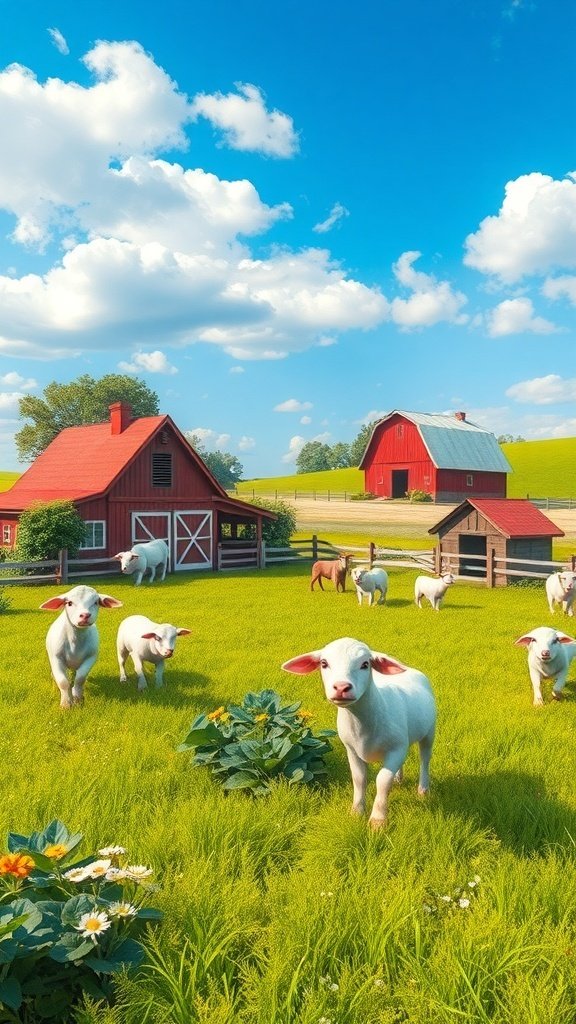 50 Adorable Cute Wallpaper Ideas to Transform Your Space A sunny farm scene with red barns and playful calves in a green field.