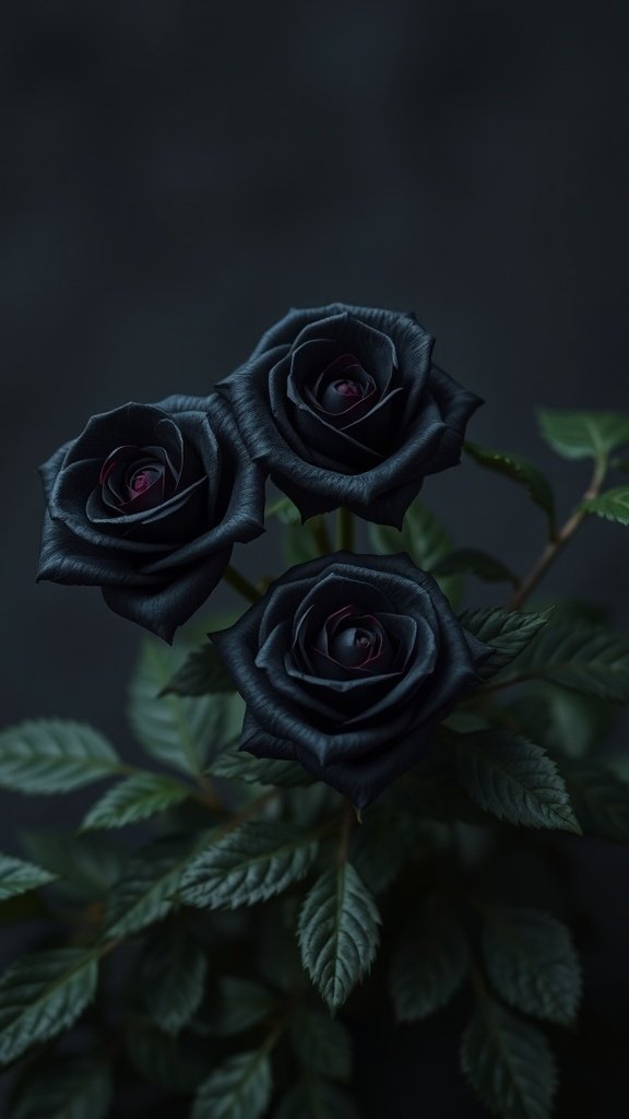 50 Stunning Black Wallpapers for a Chic Look Three black roses with dark green leaves on a black background
