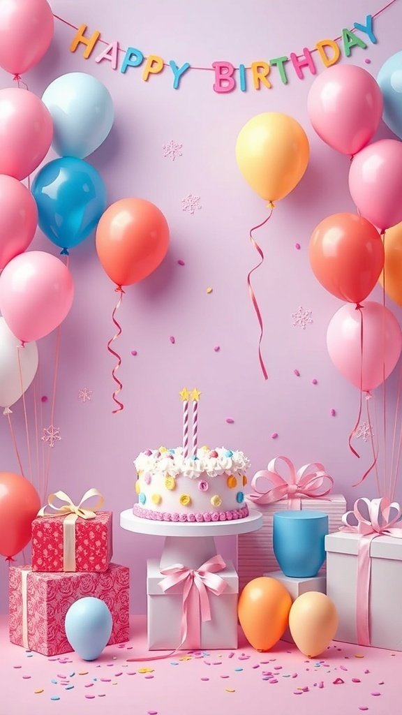 50 Adorable Cute Wallpaper Ideas to Transform Your Space A colorful birthday scene with balloons, a cake, and gifts, featuring a 'Happy Birthday' banner.