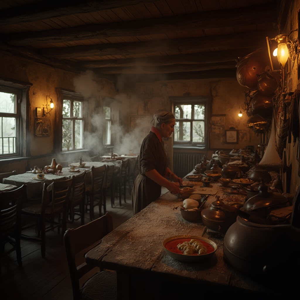 St. Petersburg in November: Your Ultimate Cold-Weather Adventure Guide Elderly woman making dumplings in a traditional Russian restaurant with weathered wooden tables, brass wall sconces, and steamy bowls of borscht