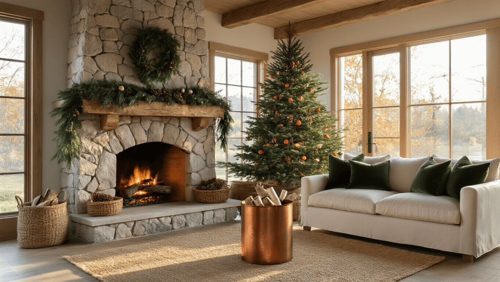 Natural Christmas Decor: A Rustic, Eco-Friendly Holiday Styling Guide Sun-drenched rustic living room with a stone fireplace, decorated Christmas tree, cream linen sofa, and warm afternoon light creating an inviting holiday atmosphere.