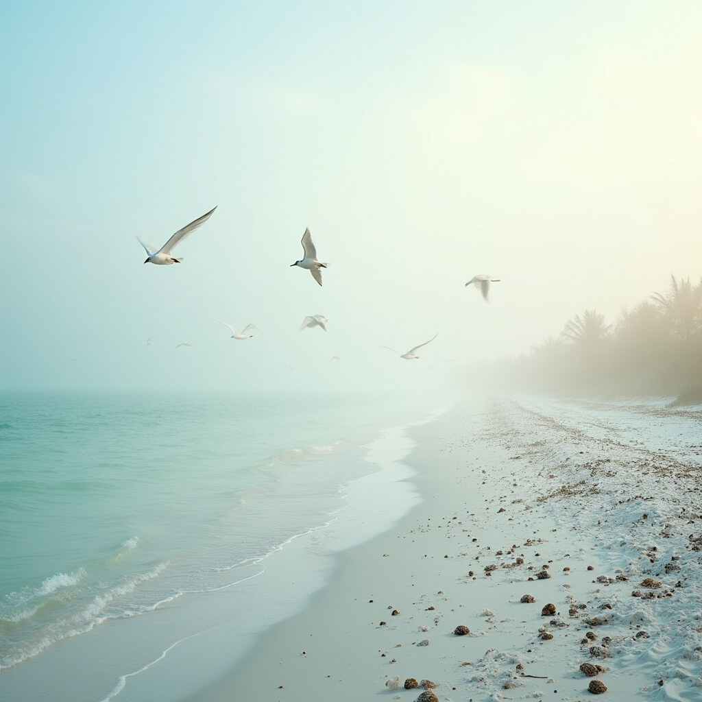 Why Fort Myers Beach is Your Perfect January Winter Escape Misty winter morning at Sanibel Island with migratory birds in flight, seashells scattered on sandy beach, calm turquoise waters and distant mangrove forests