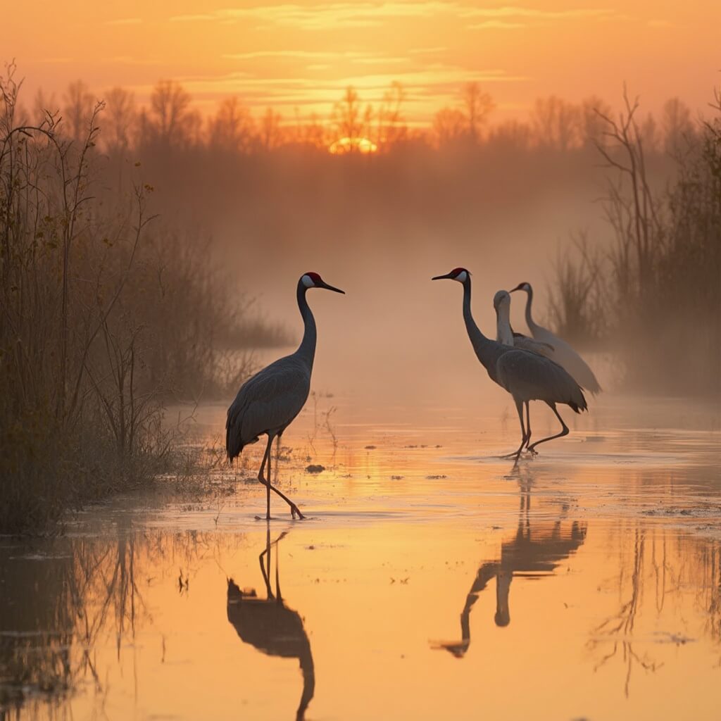 Sandhill cranes wading in shallow waters at Savannas Preserve State Park during a serene sunrise with morning mist, autumn colors, and golden hour lighting