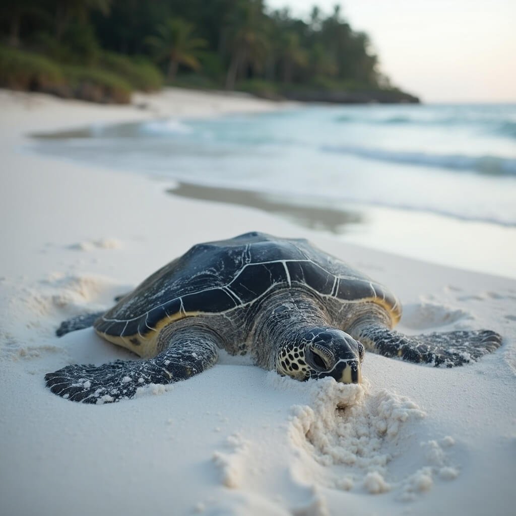 Close-up of sea turtle emerging from white sand during nesting season with detailed shell texture, soft evening light, gentle waves and tropical vegetation in background