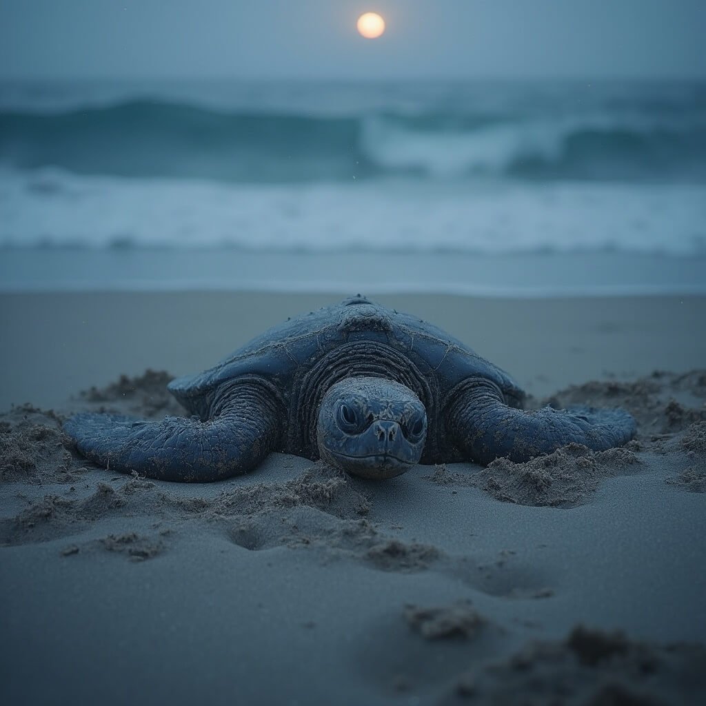 Close-up of a sea turtle nesting site on a moonlit beach with subtle turtle tracks, gentle waves in the background and atmospheric soft lighting