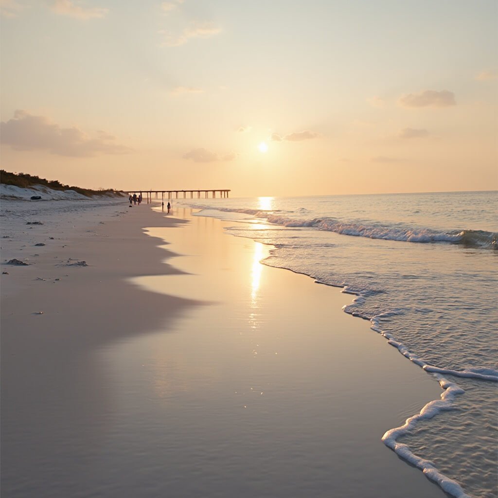 Why November is Clearwater Beach's Best-Kept Secret Golden hour at Clearwater Beach with warm light on white sand, gentle waves, people walking along shoreline, distant pier silhouetted against sunset sky, with warm autumn colors and calm atmospheric lighting in professional landscape photography style