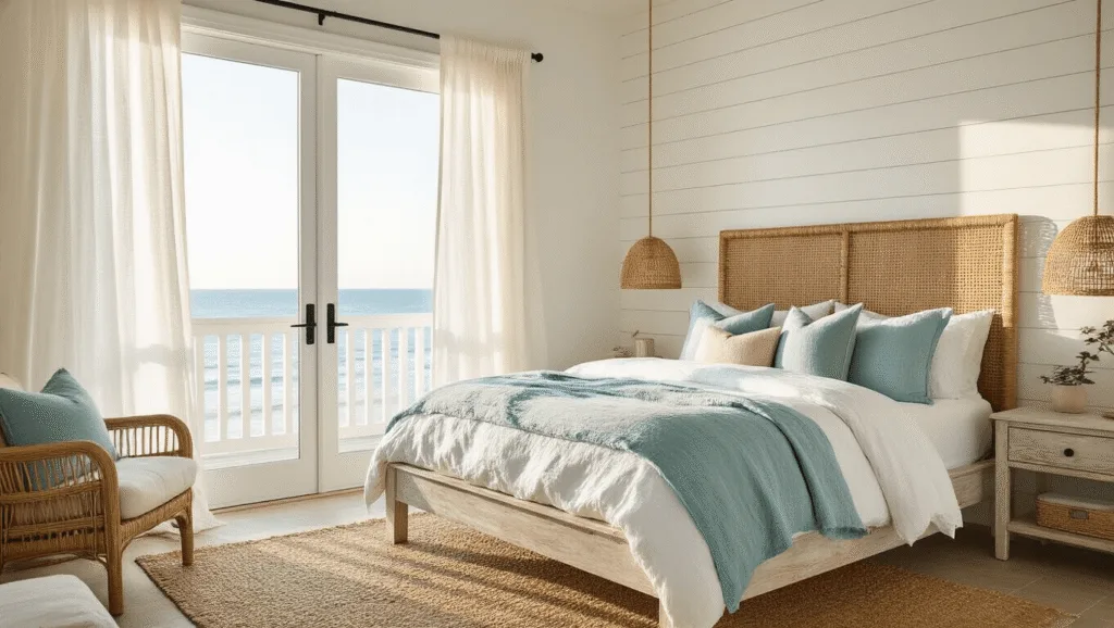Coastal Bedroom Bliss: Transform Your Space into a Serene Seaside Retreat A serene coastal bedroom retreat featuring a sun-drenched interior with sheer curtains, a white oak platform bed layered in oceanic linens, a rattan headboard, and minimal coastal decor, all illuminated by soft natural light and a capiz shell chandelier.