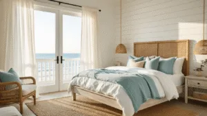 Coastal Bedroom Bliss: Transform Your Space into a Serene Seaside Retreat A serene coastal bedroom retreat featuring a sun-drenched interior with sheer curtains, a white oak platform bed layered in oceanic linens, a rattan headboard, and minimal coastal decor, all illuminated by soft natural light and a capiz shell chandelier.