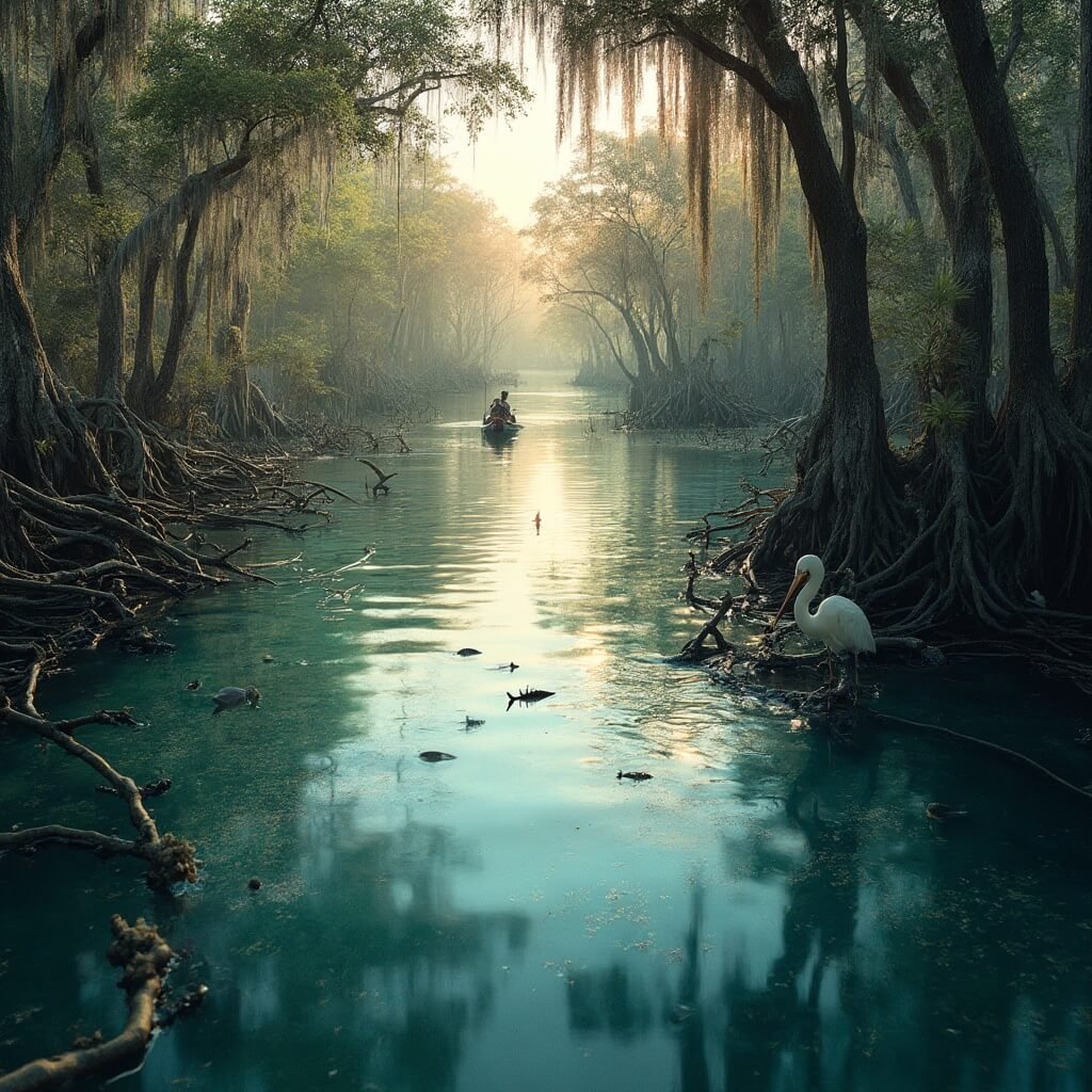 Dawn at Hugh Taylor Birch State Park featuring a kayaker in crystal-clear water, dense mangrove roots, wading birds like white ibis and great blue herons, Spanish moss on branches, and small fish beneath the water's surface.