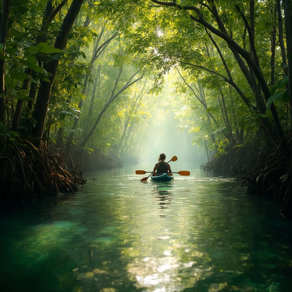 Fort Myers Beach in July: Your Ultimate Scorching Summer Survival Guide Serene morning kayak tour through lush mangrove tunnels with sunlight filtering through branches and wildlife in crystal clear water