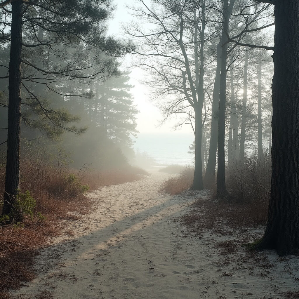 Serene winter landscape of St. Andrews State Park with an untouched hiking trail through a coastal forest, distant view of a calm ocean, and soft winter colors