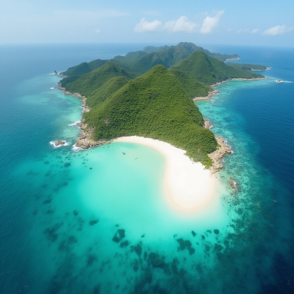 Aerial view of Shell Island with clear turquoise waters, untouched white sandy beach, and lush coastal vegetation in bright summer sunlight, highlighting ecological diversity
