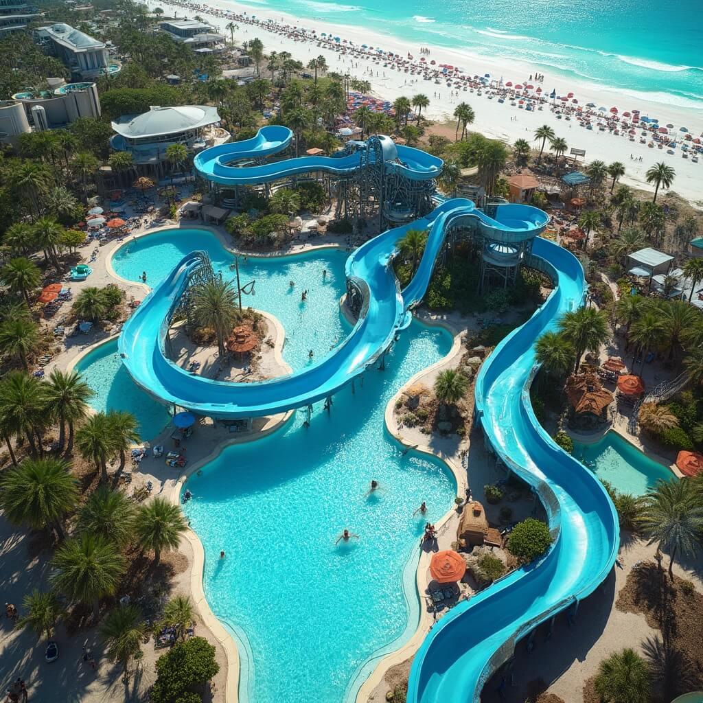 Aerial view of Shipwreck Island Waterpark with vibrant blue water slides, families enjoying the pools, colorful umbrellas in lounging areas, palm trees, and a view of the Gulf of Mexico in the distance.