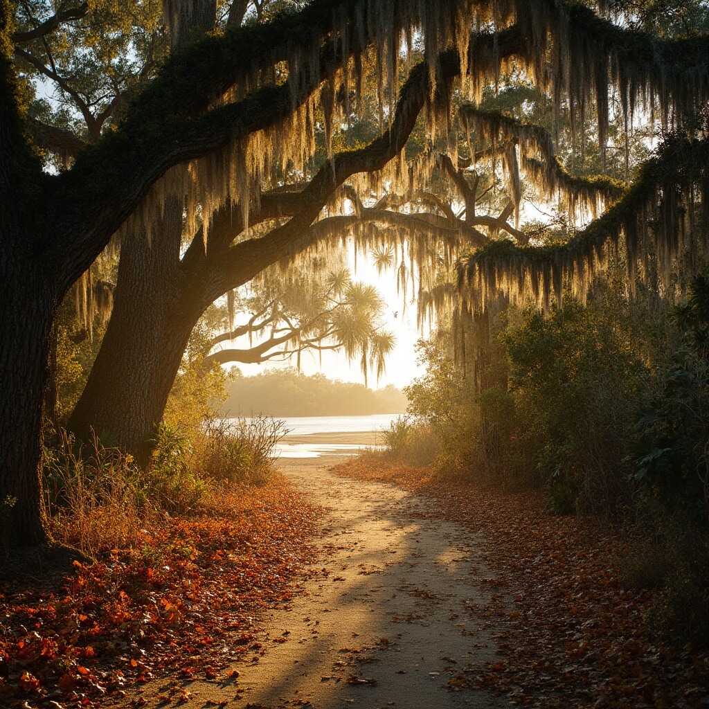 Nature trail at golden hour winding through Spruce Bluff Preserve's maritime forest with oak trees adorned with Spanish moss, autumn leaves on the ground, and a peaceful water view with distant migratory birds.