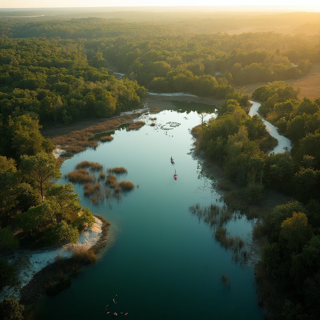 Aerial view of St. Andrews State Park with green forests, hiking trails, a kayaker in a lagoon, migratory birds overhead, and deer grazing in a clearing during a golden afternoon.
