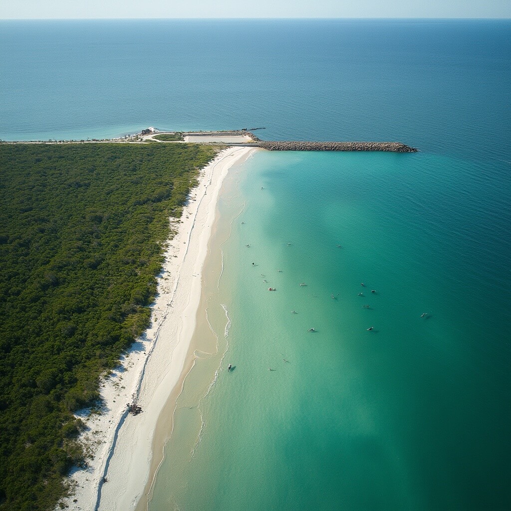 Escape the Summer Crowds: Why Panama City Beach in September is Your Secret Getaway Paradise Aerial view of St. Andrews State Park with lush green vegetation, white sandy beaches, kayakers near shore, dolphins in distance and jetties extending into deep blue waters