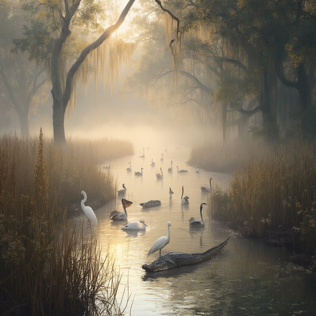 Winter morning at St. Marks Wildlife Refuge with misty waterways, migratory birds, sleepy alligator, sunlight through Spanish moss, and winter wildflowers.