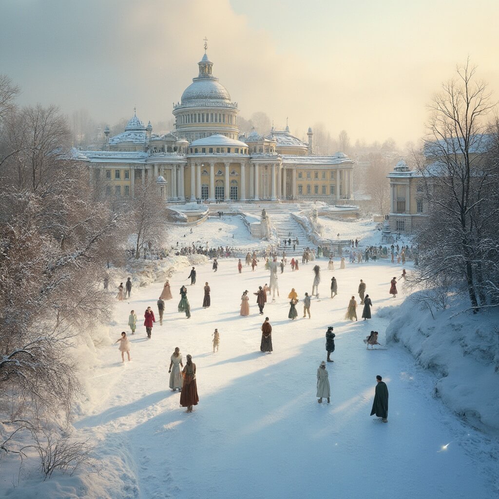 Panoramic view of Kirov Park in St. Petersburg with baroque palaces, ice skating rink, skaters in traditional Russian winter clothing, snow-covered landscape, falling snowflakes under soft golden afternoon light