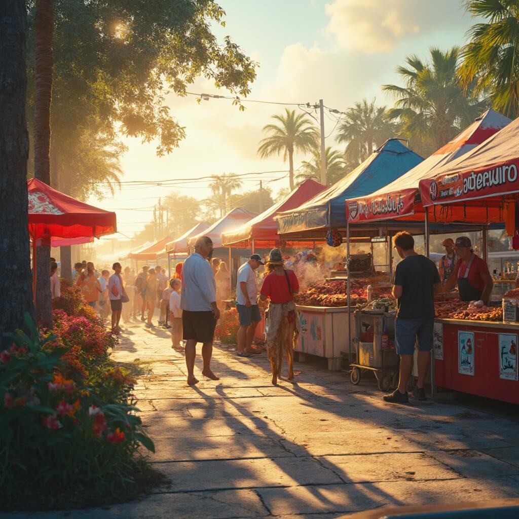 Weather Warning: Port St. Lucie's September Survival Guide - What They Don't Want You to Know! Local food vendors selling barbecue and bacon-themed dishes at a vibrant outdoor market at MIDFLORIDA Event Center, with people enjoying the sunny Florida afternoon, surrounded by colorful tents, fresh produce, in warm golden sunlight.