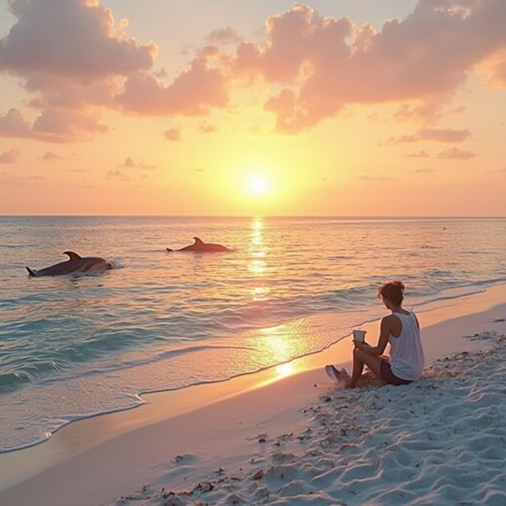 Fort Myers Beach: Your Ultimate May Escape Revealed (Without the Tourist Traps!) Silhouetted dolphins leaping out of calm waters at sunrise, with a lone figure holding a coffee mug on the white sandy shore of Fort Myers Beach.