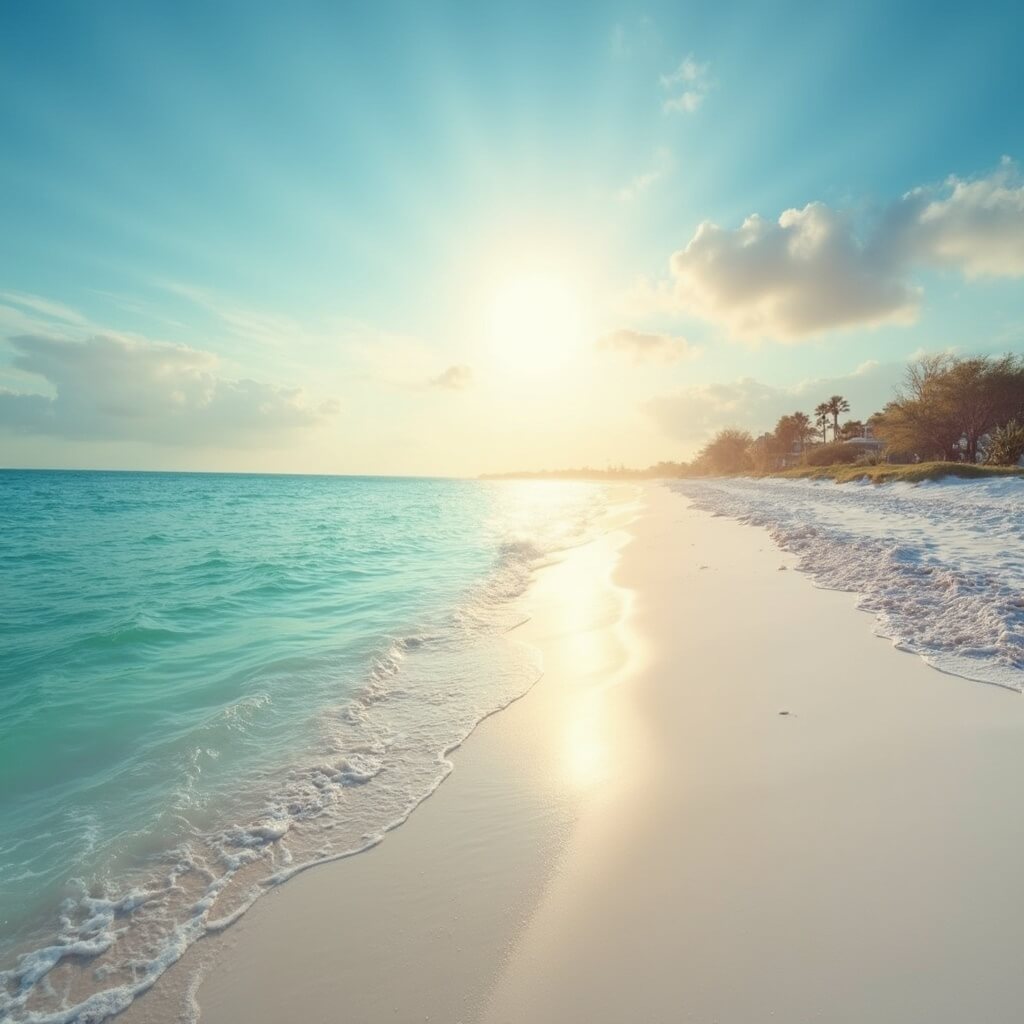 Fort Myers Beach: Your Ultimate May Escape Revealed (Without the Tourist Traps!) Early morning at Fort Myers Beach with golden sunlight filtering through clouds, calm turquoise waters, pristine white sand, soft shadows, and gentle waves
