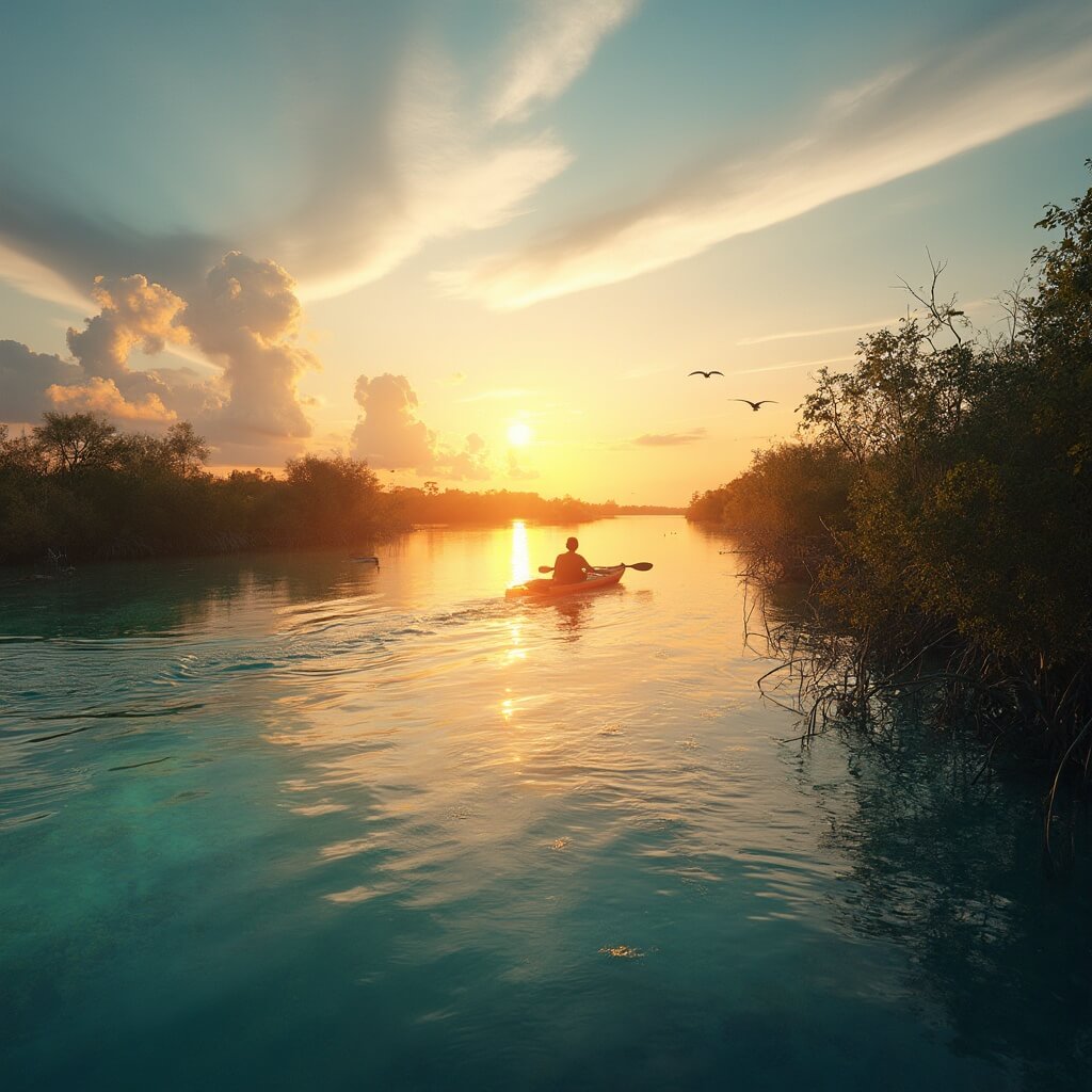 Port St. Lucie: Your Ultimate May Escape (Without the Tourist Trap Madness) Kayaker paddling at sunrise on the Saint Lucie River surrounded by mangrove trees and wildlife
