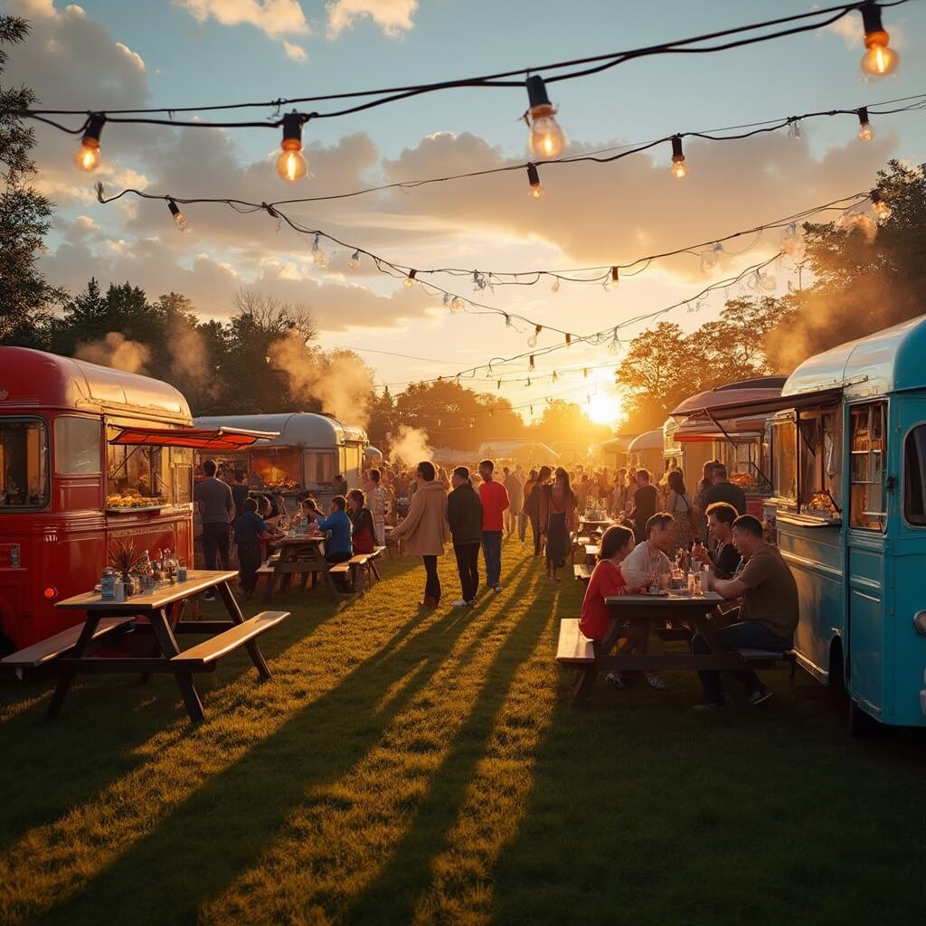 Why Lakeland in March Will Blow Your Mind: A Traveler's Ultimate Guide Evening food truck rally with colorful vintage-style trucks, people enjoying food at picnic tables under hanging string lights, and diverse food offerings with steam rising from cooking areas in the warm sunset creating long shadows
