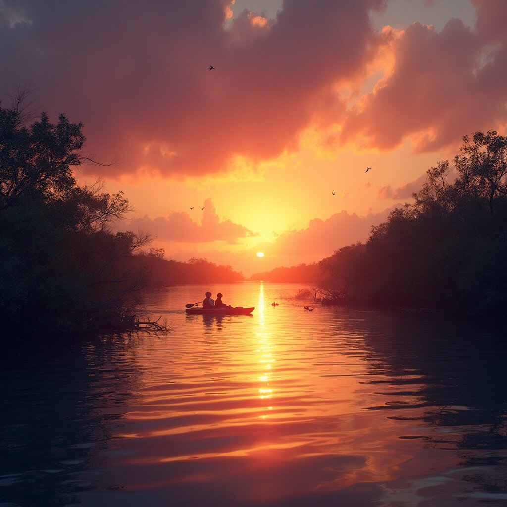 Port St. Lucie in July: Your Ultimate Hot & Happening Summer Survival Guide Kayakers silhouetted against a dramatic sunset over St. Lucie River, with mangrove trees, clear water reflecting vibrant colors, and birds in flight, depicted in a photorealistic style with cinematic lighting
