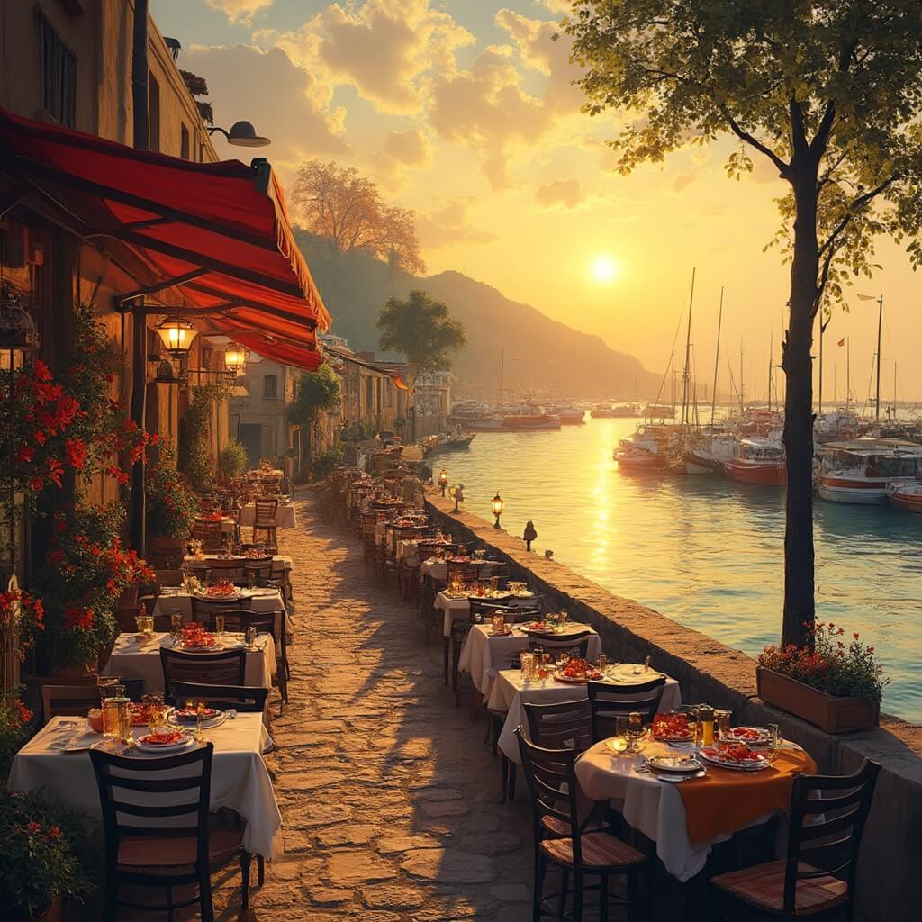 Hurricane Season Sweet Spot: Your Ultimate Guide to Fort Myers Beach in September Sundown at a serene waterfront restaurant with docked fishing boats, glowing reflections on calm waters, outdoor dining setup with elaborate seafood platters, and warm summer colors with no people present