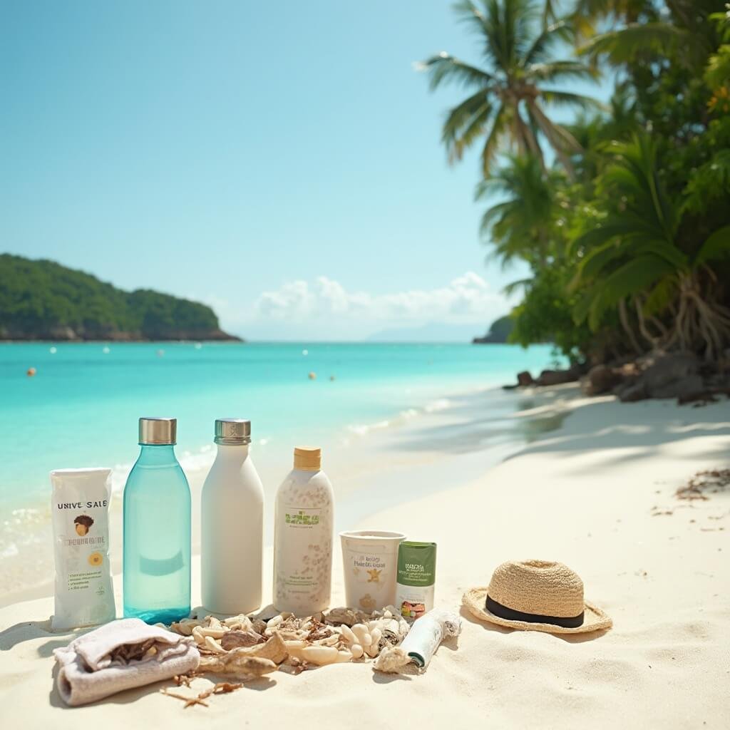 Eco-friendly beach scene with marine conservation equipment, crystal clear water, lush vegetation, reusable water bottles and reef-safe sunscreen, emphasizing environmental preservation in a National Geographic documentary style