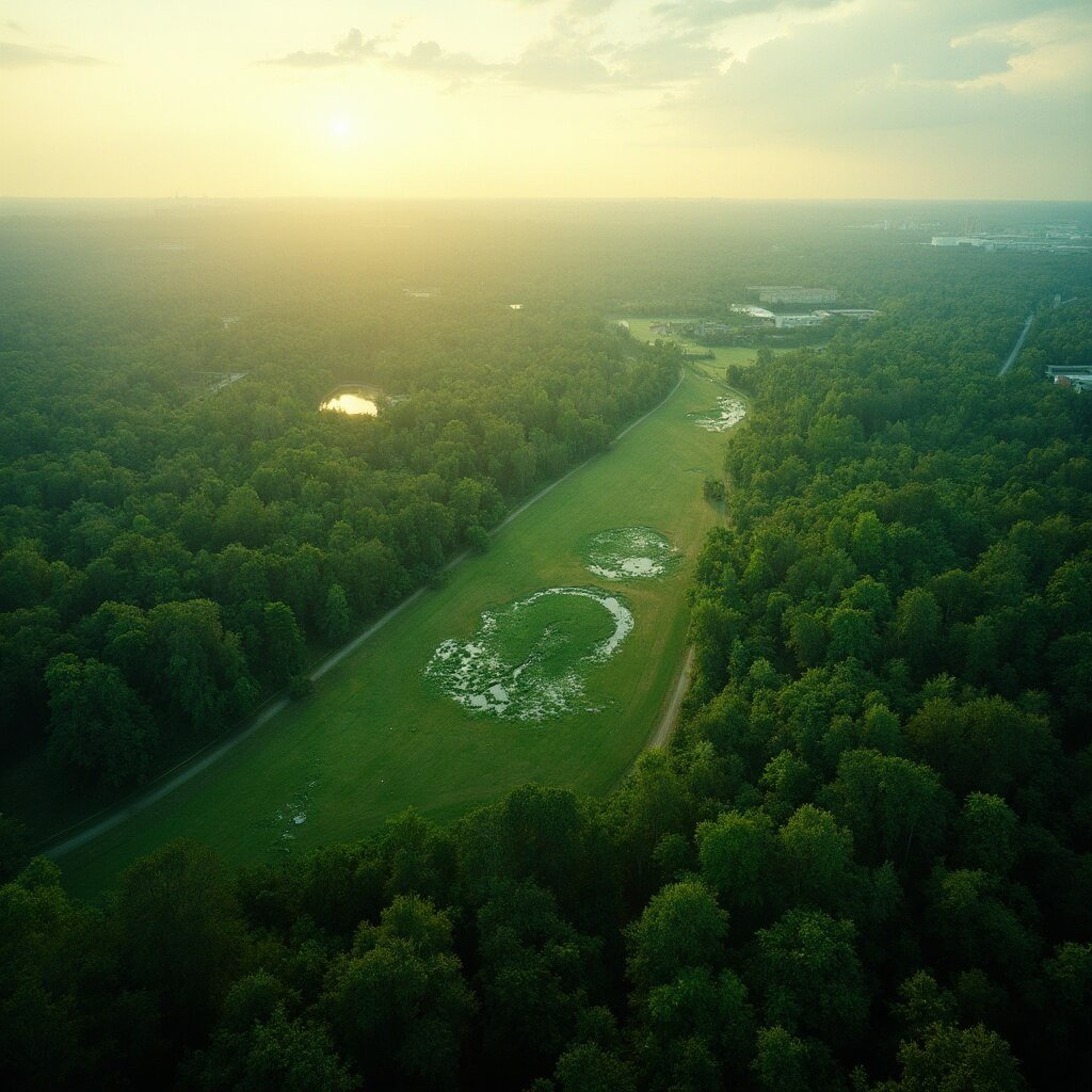 Aerial view of Tallahassee's green landscape with dense forests, winding roads, city buildings in the distance, and golden sunlight creating a hazy atmosphere