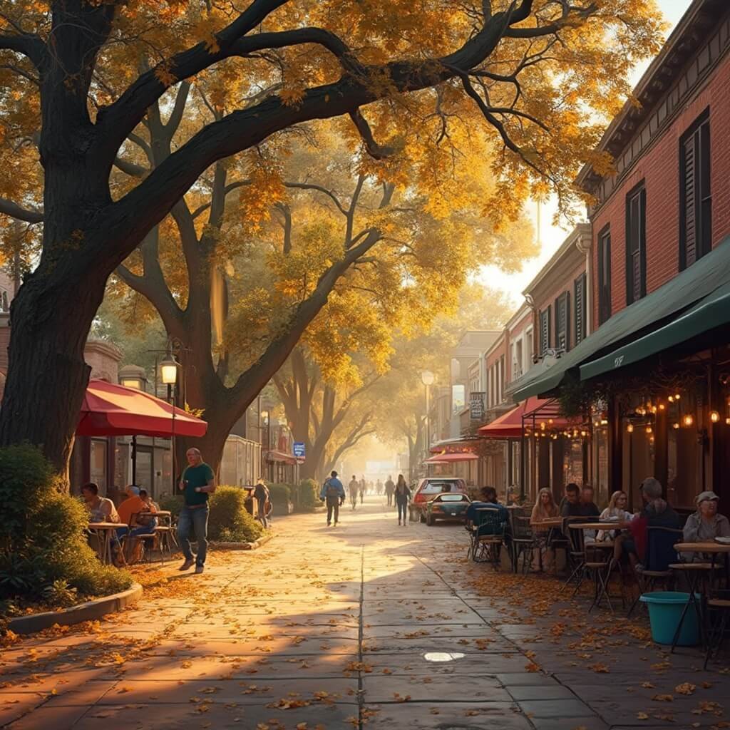 Photorealistic image of autumn in downtown Tallahassee featuring historic brick buildings, oak trees with Spanish moss, fallen leaves on sidewalks, local artisans at market stalls, people dining at outdoor cafes, and warm lighting for a cozy feel.