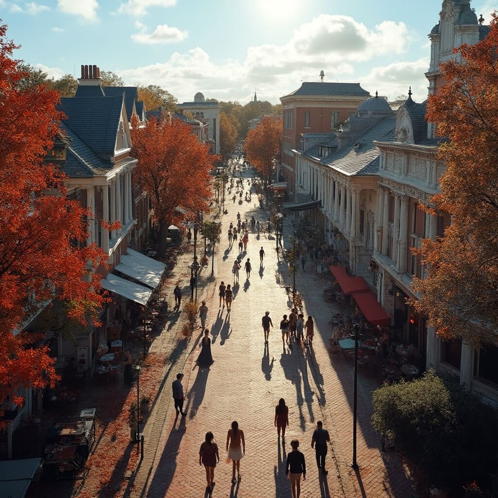 Why Tallahassee in October is Your Next Epic Adventure Aerial view of Tallahassee's historic district in autumn with Victorian buildings, tree-lined streets, and college students in outdoor cafes