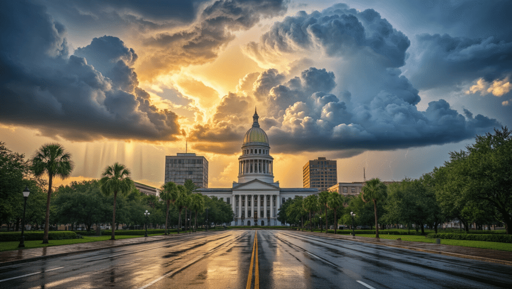 "Dramatic cityscape of Tallahassee with thunderclouds over State Capitol building, sunlight piercing through storm clouds illuminating modern structures and lush greens, rain-slicked streets reflecting sky, and visible heat waves showing intense heat with palm trees swaying in humid wind"